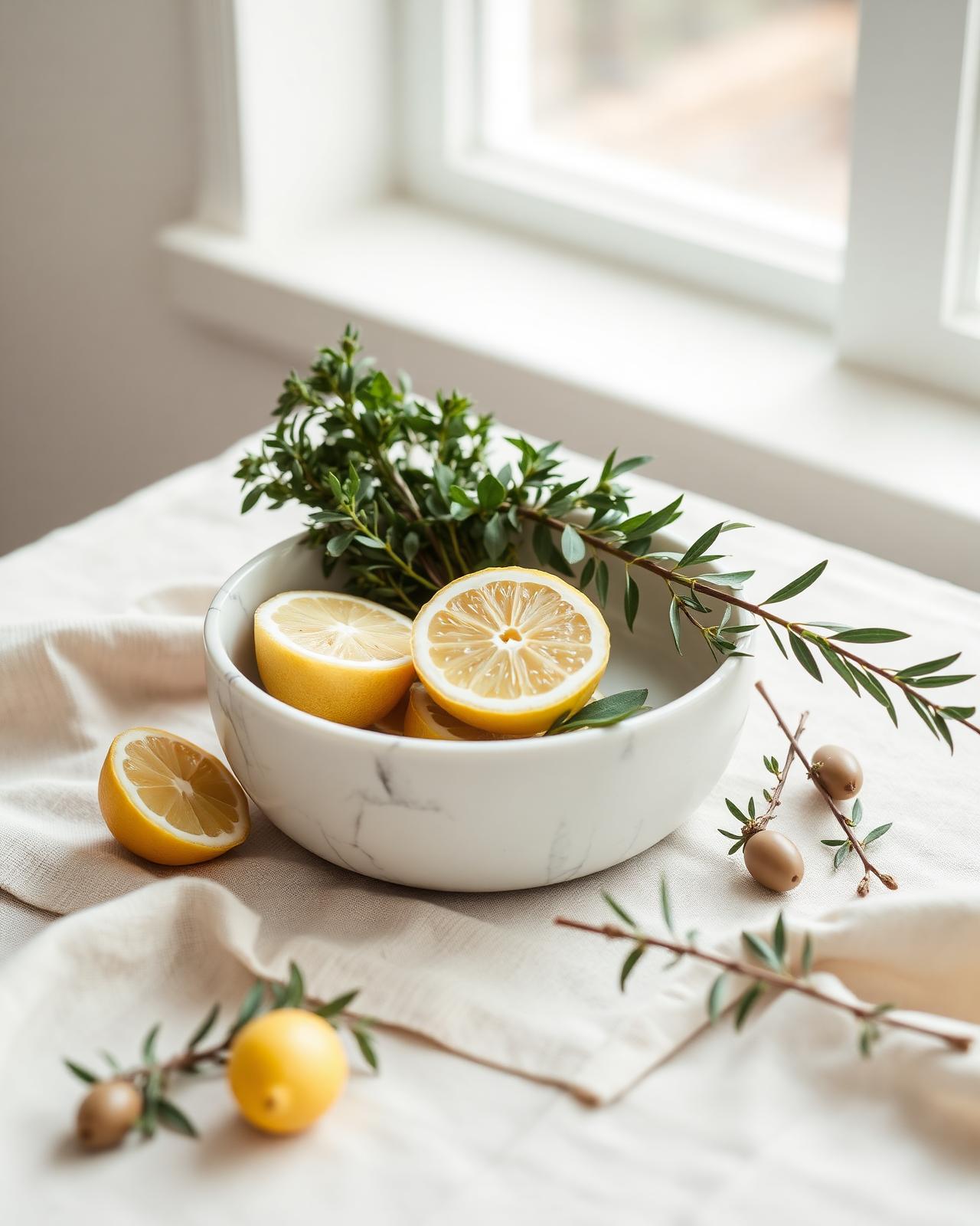 Marble bowl with fresh herbs, lemon, and olive branches in soft daylight